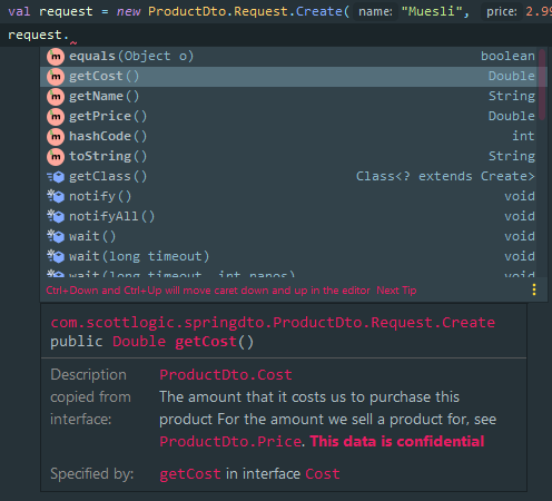 The documentation for getCost() on a DTO class is automatically copied from the Cost interface